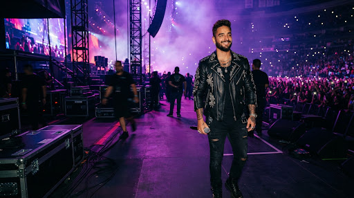 Artista entre bastidores de una gira con chaqueta de cuero y luces moradas