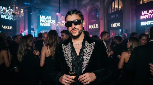 Retrato de un artista urbano con gafas de diseño en una fiesta de moda con luces de neón