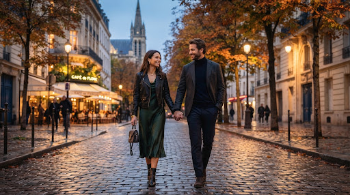 Pareja paseando de la mano por una calle histórica de París al atardecer