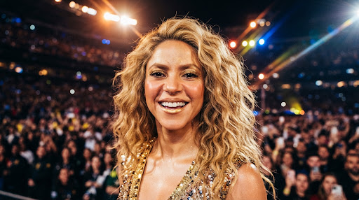 Retrato de una cantante pop sonriente bajo focos cálidos de estadio