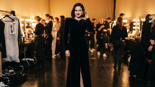 Cantautora posando con terciopelo negro y labios rojos entre bastidores