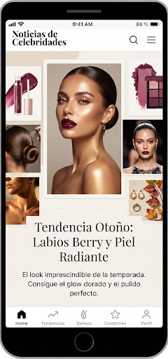 Moodboard de maquillaje otoñal con labios berry y moño pulido