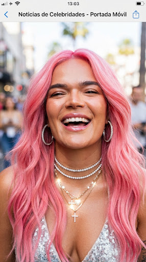 Cantante con el pelo rosa riendo con accesorios brillantes