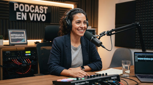 Presentadora de podcast con auriculares sonriendo ante el micrófono